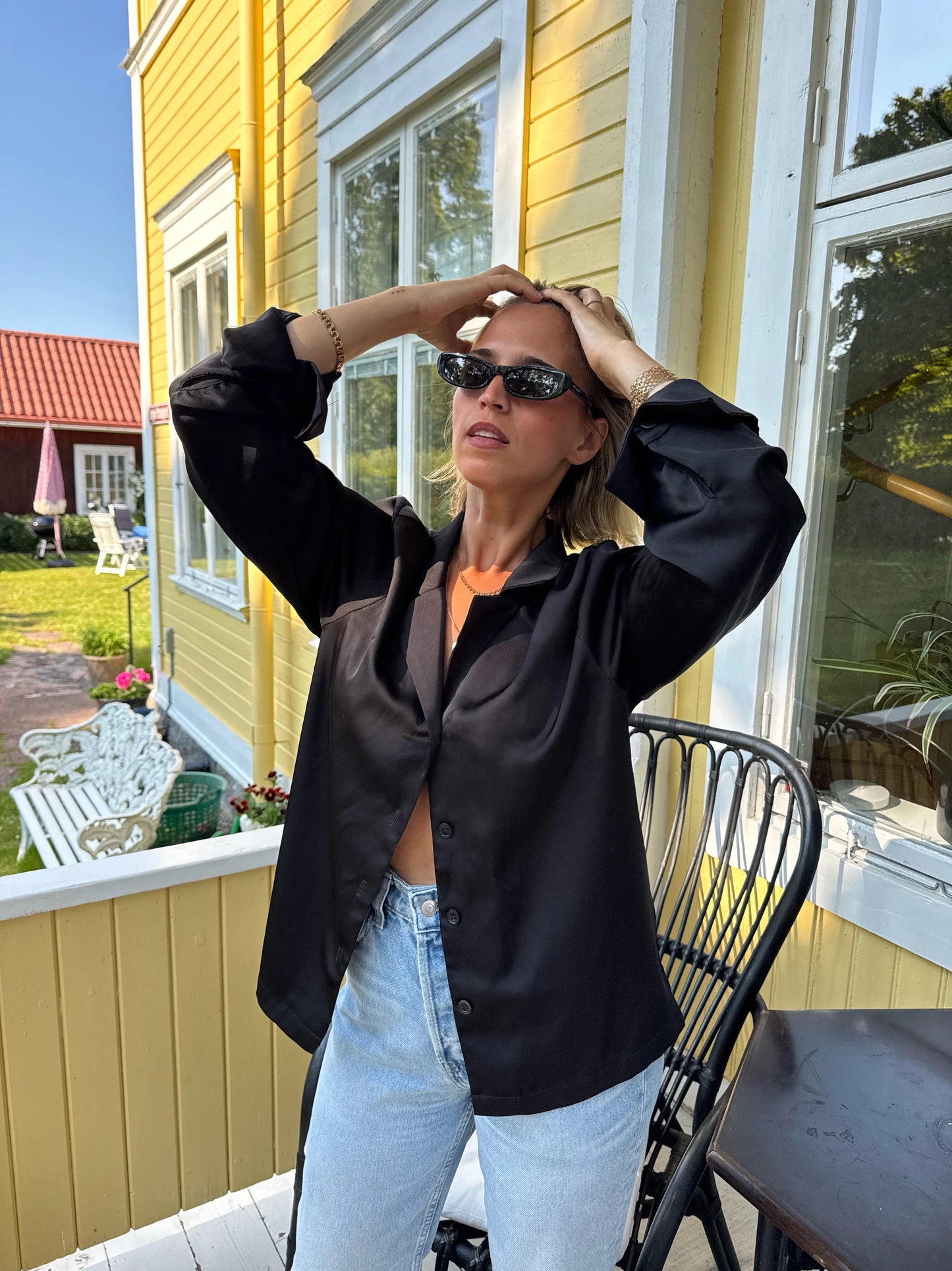 Satin Skjorta Svart